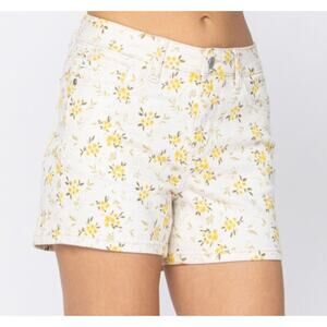 Judy Blue Floral Print White Yellow Stretch Denim Shorts XL Mid Rise New NWT